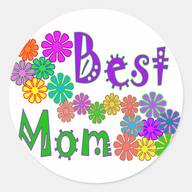 "Best MOM"  Retro Flowers Mother's Day Gifts Classic Round Sticker (Front)