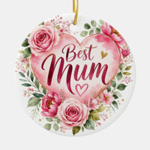 Best Mom Watercolor Floral Heart Design Ceramic Tree Decoration