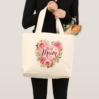 Best Mom Watercolor Floral Heart Design Large Tote Bag