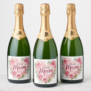 Best Mom Watercolor Floral Heart Design Sparkling Wine Label