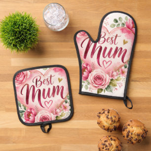 Best Mom Watercolor Flower Heart Design Oven Mitt & Pot Holder Set