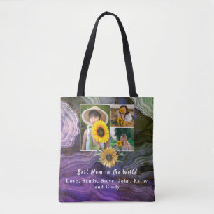 Best Mother 3 Photo Collage Boho Purple Marble Tote Bag