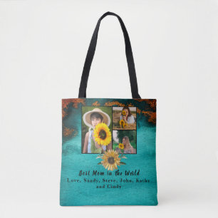 Best Mother 3 Photo Turquoise Collage Marble Tote Bag