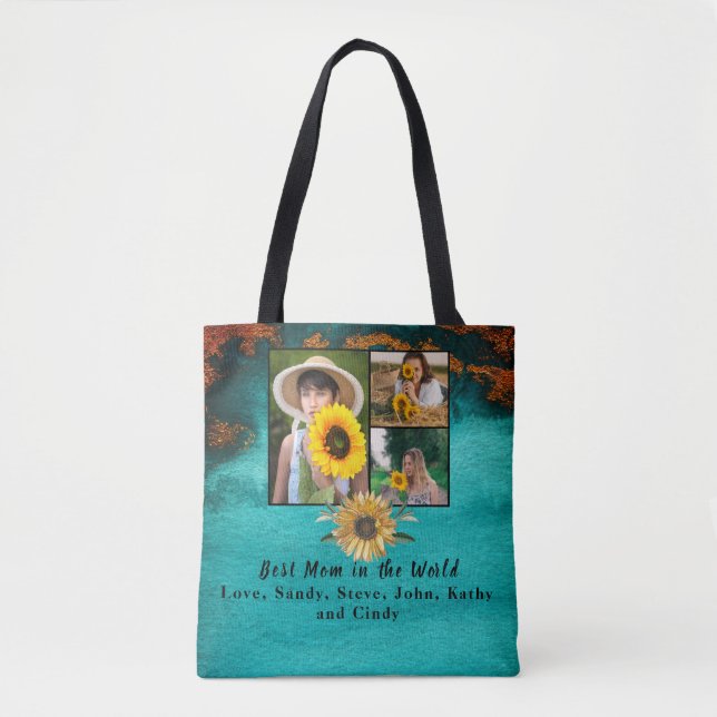 Best Mother 3 Photo Turquoise Collage Marble Tote Bag (Front)