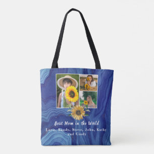 Best Mother Ever 3 Photo Collage Blue Marble Tote