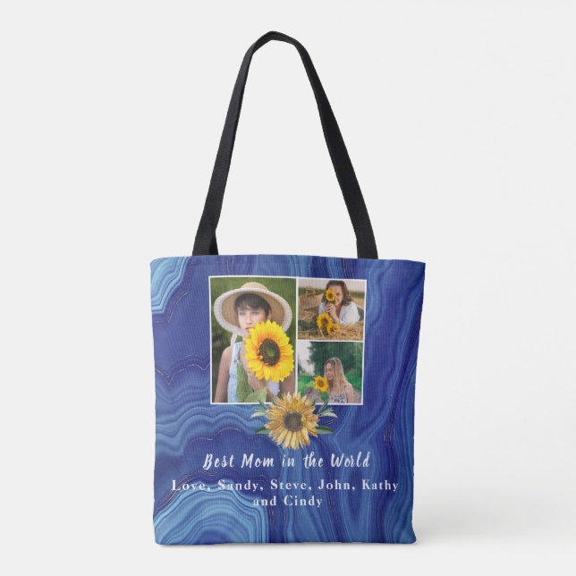 Best Mother Ever 3 Photo Collage Blue Marble Tote  (Back)