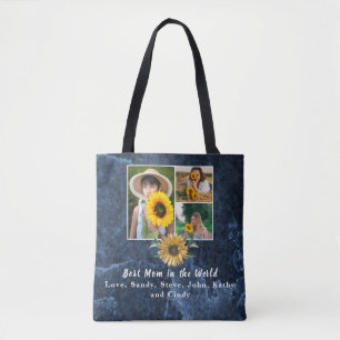 Best Mother Ever 3 Photo Collage Blue Marble Tote Bag