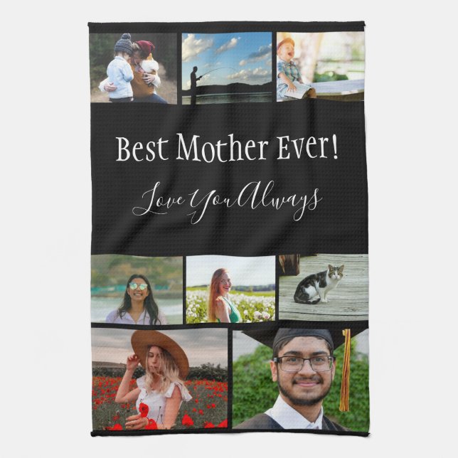 Best Mother Ever 8 Photo Collage White Script Tea Towel (Vertical)
