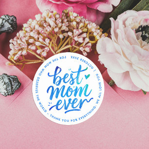 Best Mother Ever Modern Blue White Brush Script Classic Round Sticker