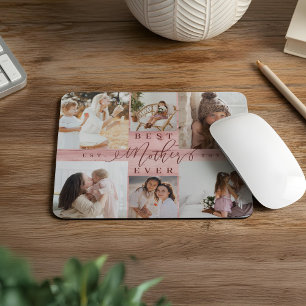 Best Mother Ever Photo Collage Pink Woodgrain Mouse Mat