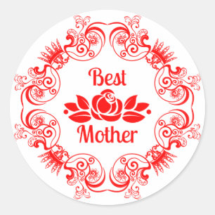 Best Mother-Red Rose And Floral Frame Classic Round Sticker