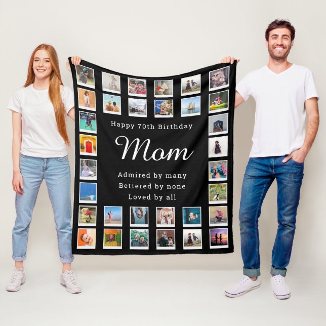 Best Mum 70th Birthday Photo Collage Black Fleece Blanket (In Situ)