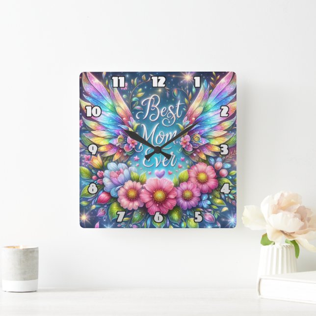 Best Mum: Angel Wings, Floral Tribute Square Wall Clock (Home)