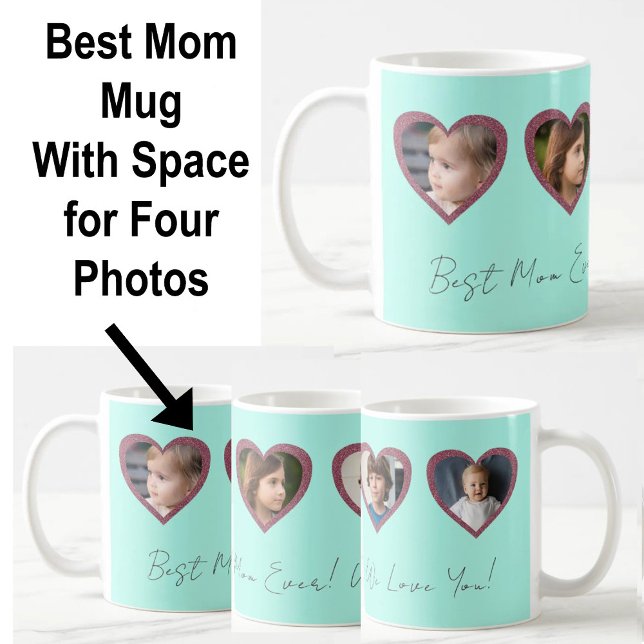 Best Mum Aqua Teal Hearts Four Kids Photo Collage  Coffee Mug (Creator Uploaded)