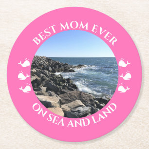 Best Mum Atlantic Ocean Waves of the Sea Pink Round Paper Coaster