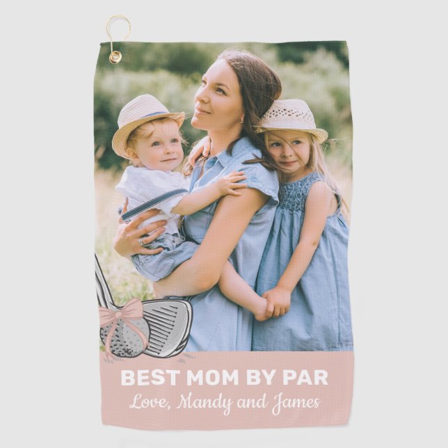 Best Mum By Par Photo Pink Bow Golf Towel (Front)