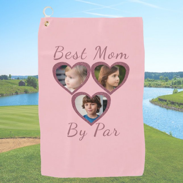 Best Mum By Par Pink Hearts 3 Kids Photo Collage Golf Towel (Creator Uploaded)
