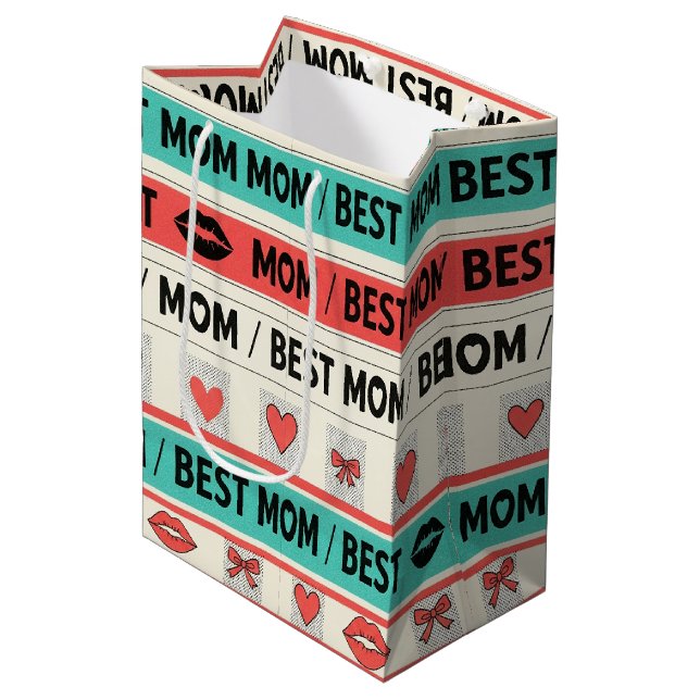 Best Mum Comic Hearts Retro Graphic Medium Gift Bag (Front Angled)