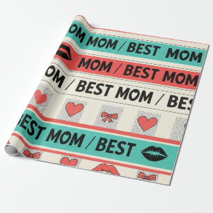 Best Mum Comic Hearts Retro Graphic Wrapping Paper