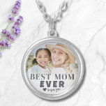 Best Mum Custom Photo Mother Silver Plated Necklace<br><div class="desc">Personalised Best Mum Ever Custom Photo Necklace. This "Best Mum Ever" necklace is a heartfelt keepsake that celebrates motherhood and the special role of a mum. Featuring bold, modern typography over a soft white ombre background, the round pendant combines elegance with sentimentality. The font and heart accent can be customised...</div>