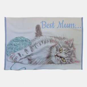 Best Mum Cute Cat drawing Art Kitchen Tea Towel