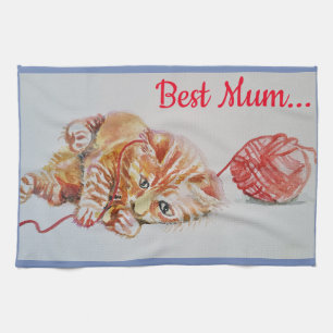 Best Mum Cute Cat drawing Art Kitchen Tea Towel
