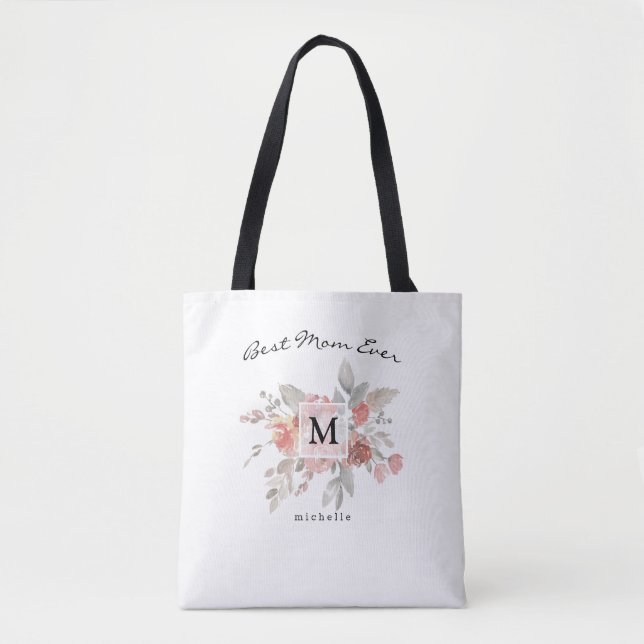 Best Mum Elegant Blush Pink Floral Monogram Tote Bag (Front)
