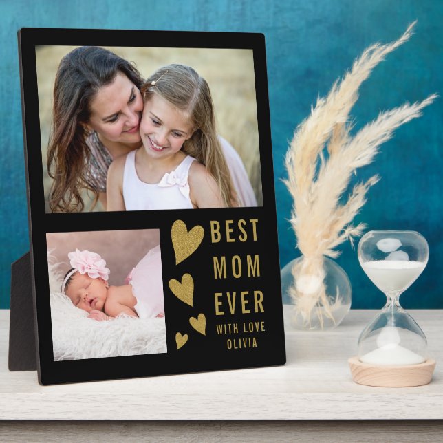 Best Mum Ever 2 Photo  Collage Black And Gold Plaque (Side)