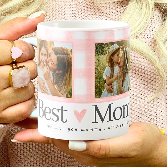 Best Mum Ever 3 Photo Mothers Day Gingham Hearts Coffee Mug (Creator Uploaded)