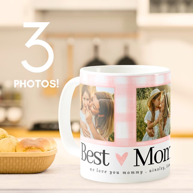 Best Mum Ever 3 Photo Mothers Day Gingham Hearts Coffee Mug (Creator Uploaded)