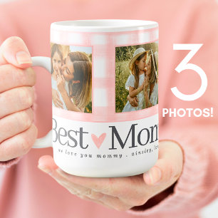 Best Mum Ever 3 Photo Mothers Day Gingham Hearts Coffee Mug