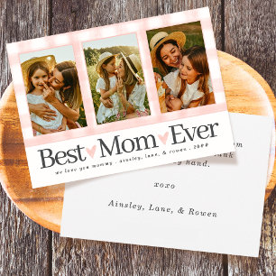 Best Mum Ever 3 Photo Mothers Day Gingham Hearts Holiday Card