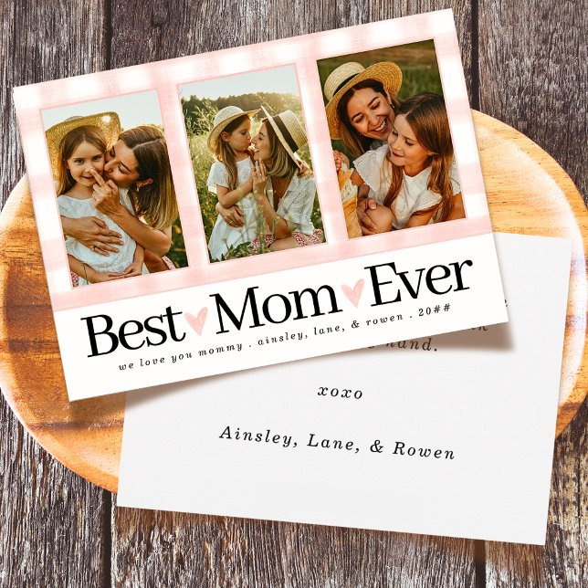 Best Mum Ever 3 Photo Mothers Day Gingham Hearts Holiday Card (Creator Uploaded)