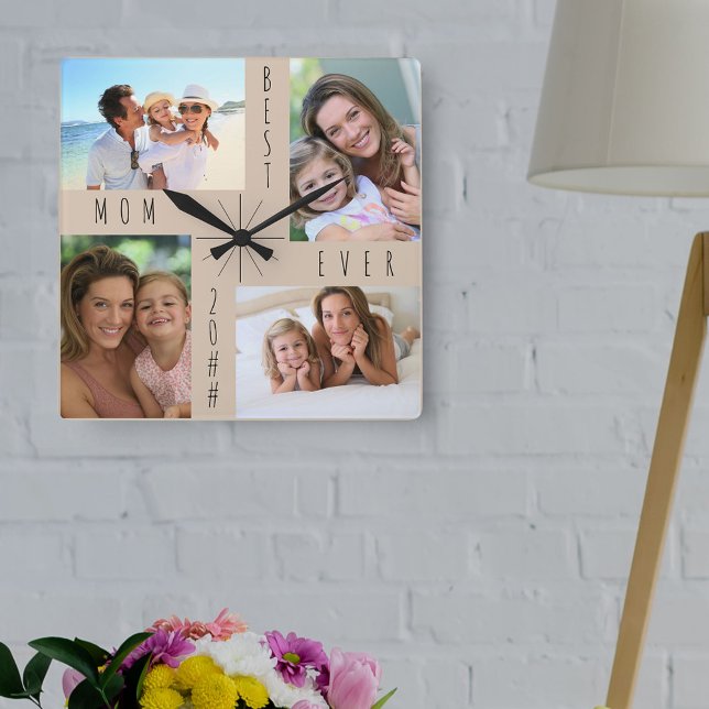Best Mum Ever 4 Photo Collage Beige Square Wall Clock (Creator Uploaded)
