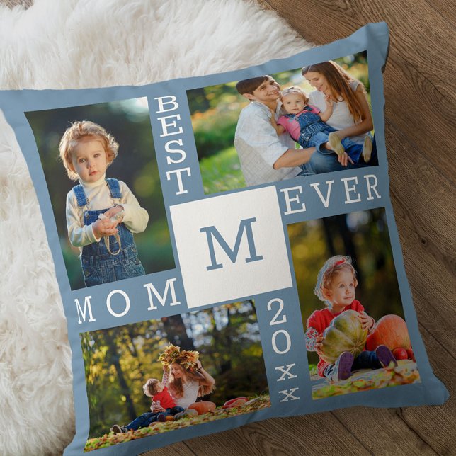 Best Mum Ever 4 Photo Collage Blue White Monogram Cushion (Creator Uploaded)