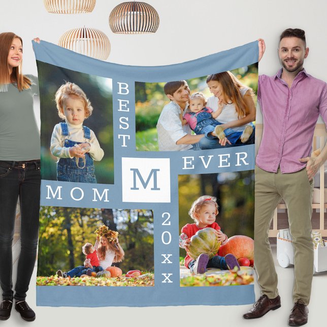 Best Mum Ever 4 Photo Editable Year Blue Fleece Blanket (Creator Uploaded)