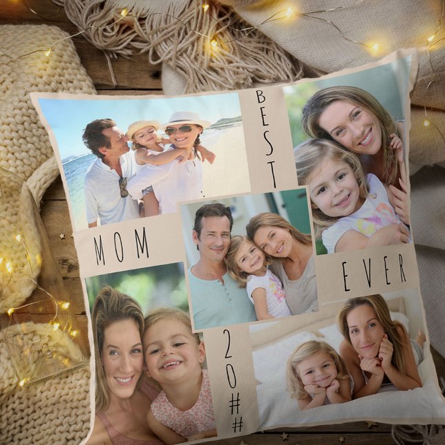 Best Mum Ever 5 Photo Collage Beige Cushion (Creator Uploaded)