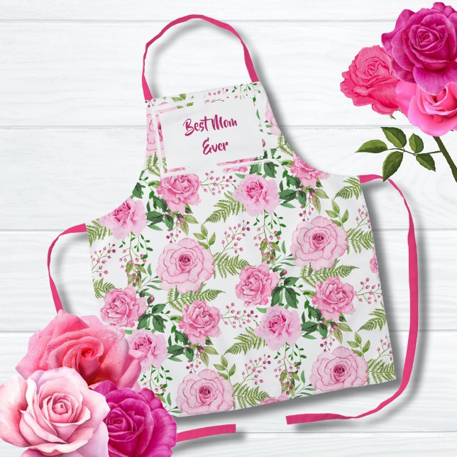  Best Mum Ever Beautiful Pink Watercolor Roses Apron (Creator Uploaded)