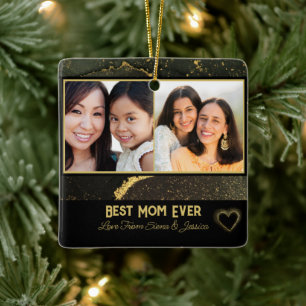 Best Mum Ever Black and Gold Personalised Photo Ceramic Ornament