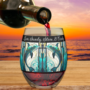 Best Mum Ever Blue and Teal Dolphin Stemless Wine Glass