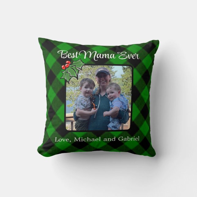 Best Mum ever Christmas classic green Plaid Holly  Cushion (Front)
