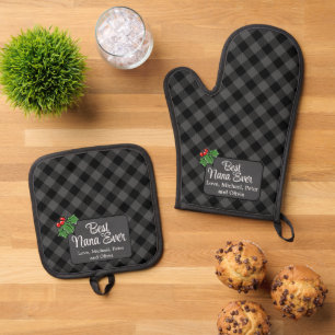 Best Mum ever Christmas classic grey Plaid Holly  Oven Mitt & Pot Holder Set