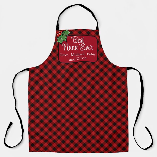 Best Mum ever Christmas classic Red Plaid Holly  Apron (Front)