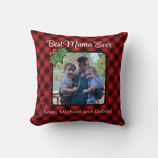 Best Mum ever Christmas classic Red Plaid Holly  Cushion (Front)
