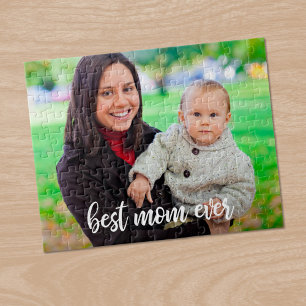 Best Mum Ever Custom Photo Modern White Script Jigsaw Puzzle