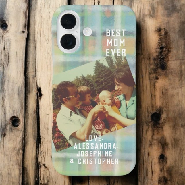 Best Mum Ever custom photo plaid pastel green cyan Case-Mate iPhone Case (Creator Uploaded)