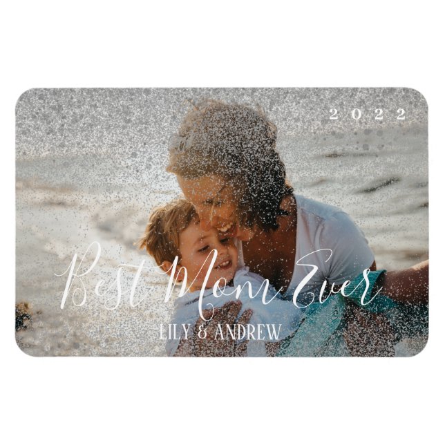 "Best Mum Ever" Custom Silver Glitter Photo Magnet (Horizontal)