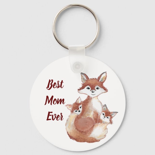 Best Mum Ever Cute Fox Family Watercolor Key Ring (Front)