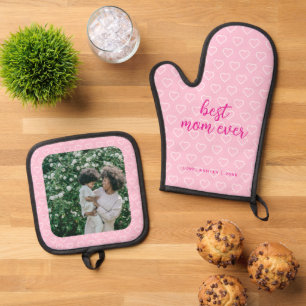 Best Mum Ever Cute Pink Heart Pattern Photo Trendy Oven Mitt & Pot Holder Set