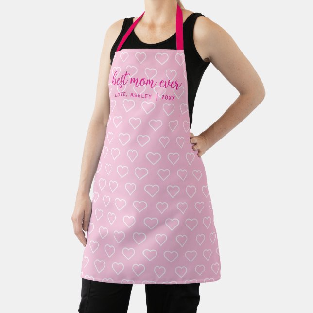Best Mum Ever Cute Pink Heart Pattern Trendy Apron (Insitu)